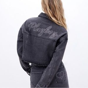 ✨BNWT Pacsun x Playboy Cropped Black Denim Trucker Jacket in a Size XS/S